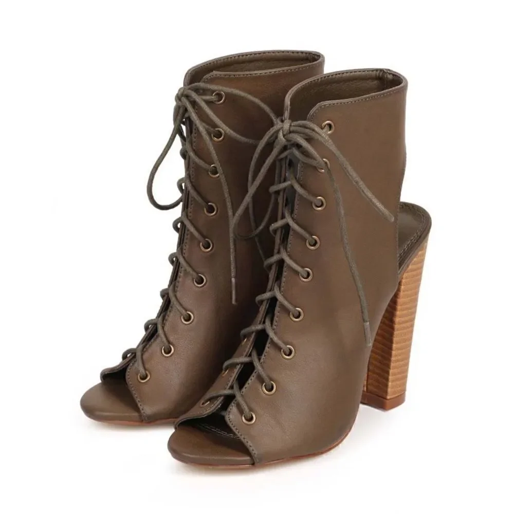 Liliana Sage-11 Vegan Leather Peep Toe Lace Up Chunky Cutout Heel Bootie Olive